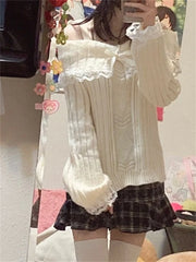 Hnewly WINTER OUTFITS Grunge Women Off Shoulder Knit Sweater Pink Pullover Sweet Pullovers Long Sleeve Bow Lace Patchwork Jumpers Y2k Streetwear