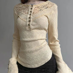 Hnewly Elegant Vintage Lace Patchwork O-neck T-shirts Y2k Slim Fit All-match Top for Women 2025 Spring New Long Sleeve Tee Shirt