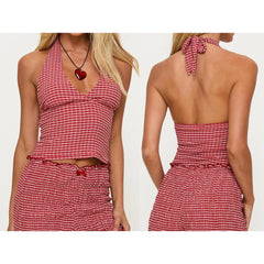 Hnewly y2k Tank Top Women's Summer Clothing Plaid Print Sleeveless Open Back Halter Neck Vest 2000s T Shirt Party Clothes
