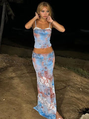 Hnewly Fashion Print 2 Piece Set Women Sexy Backless Camisole+Mesh Patchwork Long Skirts Vacation Trend Streetwear Outfits