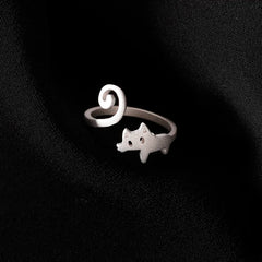 Hnewly Cute Silver Color New Trendy Cat Engagement Rings for Women Couple Elegant Simple Handmade Finger Anillos Jewelry Adjustable