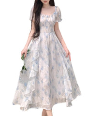 Hnewly Summer French Style Floral Printed Dress Slim Casual Long Chiffon Dress Short Sleeve Women Vacation Fairy Dress