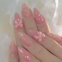 Hnewly 24pcs Pink Bow Design Glossy Press on Nails Wearable Detachable Almond Fake Nail Tips for Girls Lady Korean Sweet False Nails