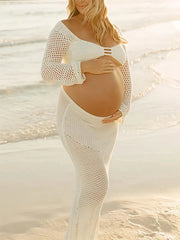 Hnewly White Knit Maternity Dress Photoshoot Hollow Out Pregnancy Outfit Two Piece Beach Maternity Photography Prop Baby Shower Gown