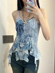 Hnewly Retro Tank Tops Women Sleeveless Blue Print Tank Y2k Vintage Camis 2000s Japanese E Girls Tee Irregual Tank Tops Summer