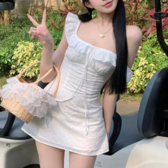 Hnewly A-line Dresses for Women Skinny Solid Flying Sleeve Summer Korean Style Chic Girls Square Collar Ins Lace-up Mini Lovely Girls