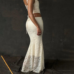 Hnewly Women's Lace Skirt Set Backless Strappy Sleeveless Top Long Skirt Two-piece Set Sexy Casual
