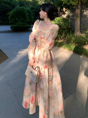 Hnewly Women French Printed Floral Midi Long Dress Summer Square Collar Lantern Sleeve Lace-up Midi Vestidos Elegant One Piece Clothing