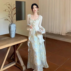 Hnewly 2025 Spring New Slim Fit Ruffles Long Sleeve Tops Women+ Y2k Mid-length Flower Print Skirts Chinese Style Two Piece Sets