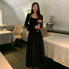 Hnewly Vintage Square Collar Maxi Wedding Dresses for Women Clothing Party Office Lady Casual Black Pockets Bodycon Midi Dress Autumn