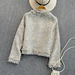 Hnewly Woven Tweed Jacket Women Autumn Winter New Slim O-neck Single Breasted Coat Elegant Raw Edge Tassel Long Sleeve Blazer