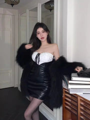 Hnewly DRESS TO IMPRESS Handmade Rose Patchwork Leather Mini Dress Women Retro Black Off-shoulder Corset Sexy Summer Bodycon Desire One-piece