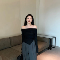 Hnewly Y2K Korean Women Pullover Sweet Knitted Slim Off Shoulder Long Sleeve Female Sweater Autumn New Irregulate Ladies Casual Jumpers