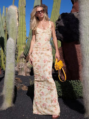 Hnewly Flower Print Slit Suspender Dress For Women Plunge Sexy Holiday Party Long Dress Female New Sleeveless Dress Vestido