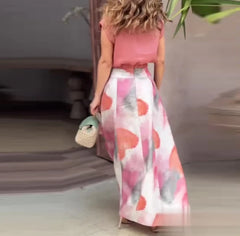 Hnewly Two Piece Set of Sleeveless Top with Waist Cinching and Fashionable Printed Skirt for Women Elegant Style Skirt Set