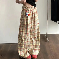 Hnewly Retro Plaid Patchwork Casual Pants Women Summer High Waist No Pendant Loose Wide Leg Pants Y2K Korean All Match Jogging Trousers