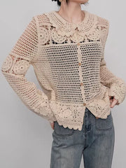Hnewly Granny Crochet Knit Cardigan for Women Long Sleeve Collared Button-up Blouse Openwork Knit Cardi Top Vintage Outfit