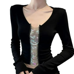 Hnewly New Slimming Form-fitting Base Layer Top for Women French Style Mature Woman Long-sleeved T-shirt with Hollowed-out Patchwork