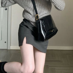 Hnewly A-line Skirts Women Slit Hotsweet Korean Style High Waist Office Lady Elegant Spring Fashion Mini Casual Chic Simple All-match