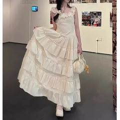 Hnewly Mid-Length Lace Insert Belted Hemline Sleeveless Empire Waist Gown for Women Elegant Coastline Holiday Style Cake Skirt