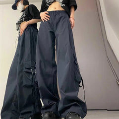Hnewly American Drawstring Hiphop Cargo Pants Women Loose Lazy Jazz Dance Big Pocket Trousers High Waist Solid Streetwear Wide Leg Pant