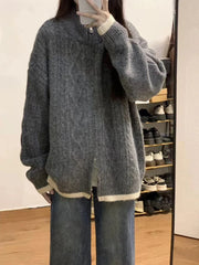 Hnewly Autumn Warm Zipper Cardigan Women Korean Loose Lazy Style O Neck Sweater Coat Female Fashion Twist Long Sleeve Cardigan Jacket