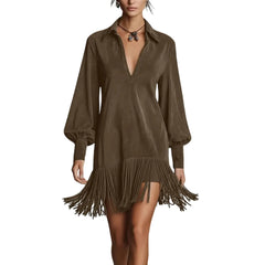 Hnewly Womens' Fashion Solid Color Sexy Deep V-neck Tassel Dress Loose Retro Batwing Long Sleeve Pullover Dress Daily High-end Clothes