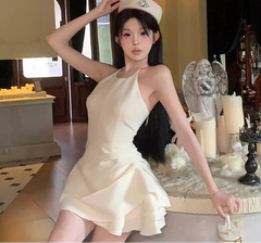 Hnewly Romantic Ruffle Puffy Mini Dress Women Textured Solid Shirring Strappy Open Back Halter One-piece Prom Party Clothes