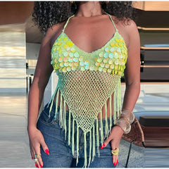Hnewly Sexy Hollow Out Women's Top Fashion Sequined Fringe Hem Backless Halter Crop Tops Summer Chic Female Beach Vacation Tanks