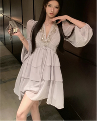 Hnewly Beaded Multi Ruffles Mini Dress Elastic High Waist Puff Lantern Sleeves Chiffon Dresses Celebrity Style Vestidos Women