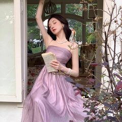 Hnewly DRESS TO IMPRESS Chiffon Dress Women Summer with Lining Spaghetti Strap Pleated Midi Vestidos Ladies Elegant Sexy Temper Fairycore Literary New