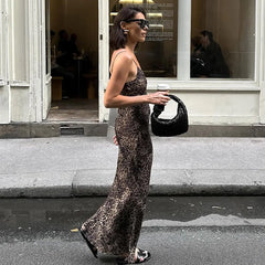 Hnewly Sexy Fashion Leopard Print Women's Summer Backless Slim Long Dress Street Style Women's Clothing