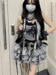 Hnewly Fashion Sweet Lace Slim Fit Camisole Tops Women+ Y2k Kpop High Waist Ruched Cake Skirts 2025 Summer New Two Piece Sets