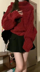 Hnewly Women Red Pullover Knitted Sweater Harajuku Y2k Long Sleeves Slash Neck Sweater Jumper Vintage 2000s Aesthetic Clothes 2024