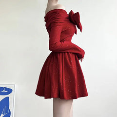 Hnewly NEW YEAR DRESS Holiday Christmas Bow Velvet A-Line Red Dress Slim Slash Neck Long Sleeve Mini Dresses For Women Autumn Winter Lady