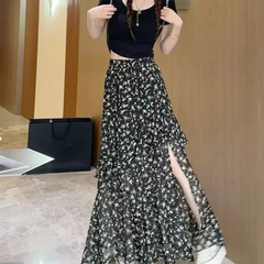Hnewly French Retro Floral Print Long Skirt Women Elegant Ruffled Hem Spilt Black Skirts Ladies Summer Elastic Waist A-Line Skirt Mujer