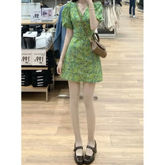 Hnewly Summer Pink Kawaii Lolita Dress Women Mini Puff Sleeve Beach Casual Elegant Fairy Dress Print Korea Cute Party Dress Female
