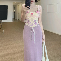 Hnewly Heavy-Work Knitted Purple Strap Dress Women's French Vintage Design Sensation Beauty Flower Banquet Empire Waist Gown