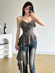 Hnewly Gothic Tank Top Y2k E-Girl Slim Fit Sleeveless Tops Vintage Harajuku Patchwork Mesh T-shirt for Women New See Through Sexy