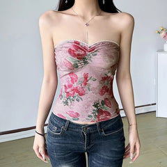 Hnewly Holiday Retro Floral Print Tube Top Women Kawaii Pink Folds Stitching Bow Crop Tops Summer Casual Lace Patchwork Tees y2k