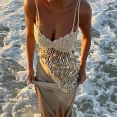 Hnewly Sexy Women's Wrapped Chest Sleeveless Camisole Tees New Casual Patchwork Holiday Blouses Shiny Sequin Backless Summer Top