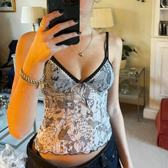 Hnewly Harajuku Print Sleeveless Crop Top Casual Patchwork Mesh V Neck Camisole Women Summer Cute Vest Y2k Aesthetic Ladies Tees