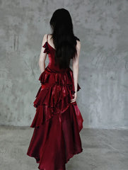 Hnewly Red Elegant Evening Dress Women's Sweet 3D Rose Slim-Fit Irregular Fishtail Dress Ladies Gothic Retro Lo Suspender Dress Jsk