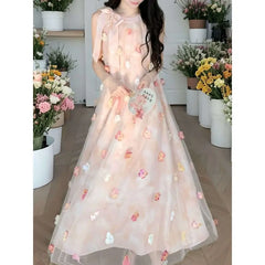 Hnewly Hanging Neck Fairy Dress For Women New Summer Sleeveless Floral Long Dress French Style Vacation Party Dress