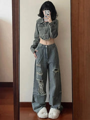 Hnewly rodeo outfits Harajuku Two Piece Sets Womens Outifits Long Sleeve Crop Jackets High Waist Hole Wide Leg Pants Suit Casual Fashion Y2k Set