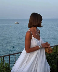 Hnewly Women White A-line Sling Dress Chic Elegant Sleeveless Off Shoulder V-neck Pleated Mini Dresses Lady Vacation Street Gown