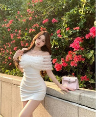Hnewly Woman Dress Sexy Slash Neck Off Shoulder Patchwork Slim Backless Summer Fashion Party Mini Dresses Female Casual