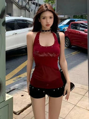 Hnewly Retro Halter Neck Camis for Women Summer Sexy U Neck Streetwear Sleeveless Crop Tops Y2K Aesthetic Mesh Patchwork Hot Girls Tank