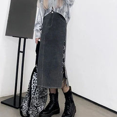 Hnewly Denim Midi Skirts Women Autumn Lace-up Vintage Side-slit Personality Streetwear High Waist All-match Y2k Girls Chic A-line Jupe