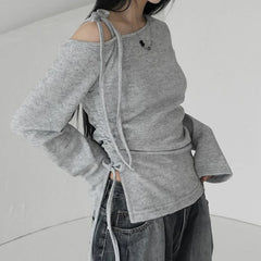 Hnewly Asymmetrical Off-shoulder Crop Top Grey Bandage Drawstring Long Sleeve Knitted T Shirts Korean Fashion Casual Tees Women